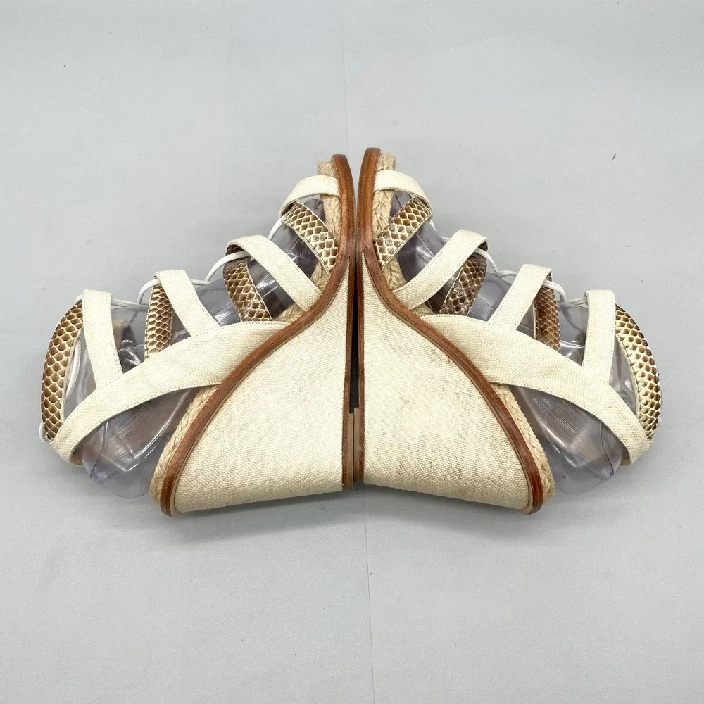 Paul Andrew Womens 40 10 Gladiator Sandals Shoes Snake Print Ivory Wedge Lace Up_11